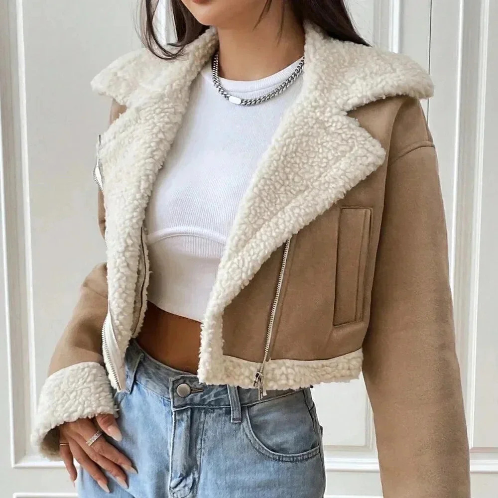 Khaki Casual Womens Teddy Lined Zip Up Moto Jacket - Picture 7 of 7